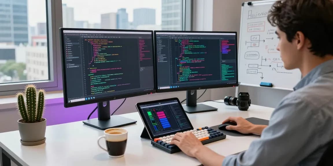 Engaging tech workspace with developer using crush ai tools, vibrant monitors, and urban skyline.