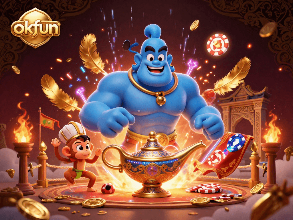 Experience the magic of okfun with a vibrant genie, poker chips, and swirling golden particles.