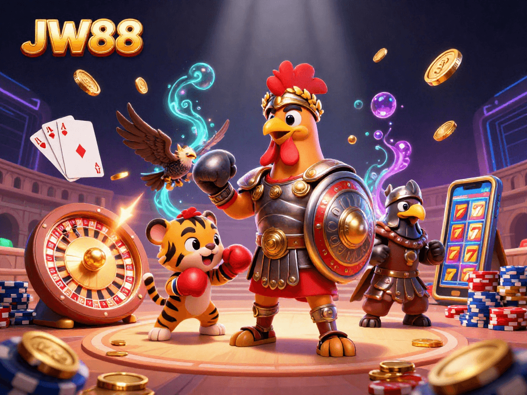Experience the thrill of JW88 with a gladiator rooster and tiger cub sparring in a vibrant casino scene.