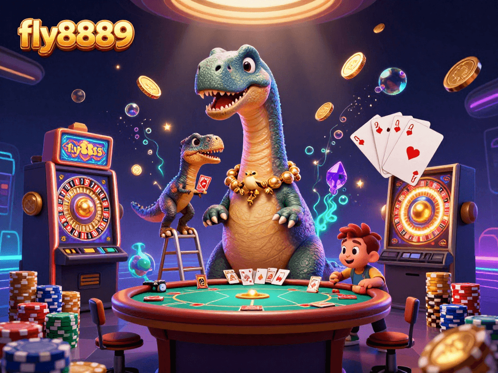 Experience exciting gameplay at fly8889 with a charming brontosaurus overseeing card games and dazzling casino elements.