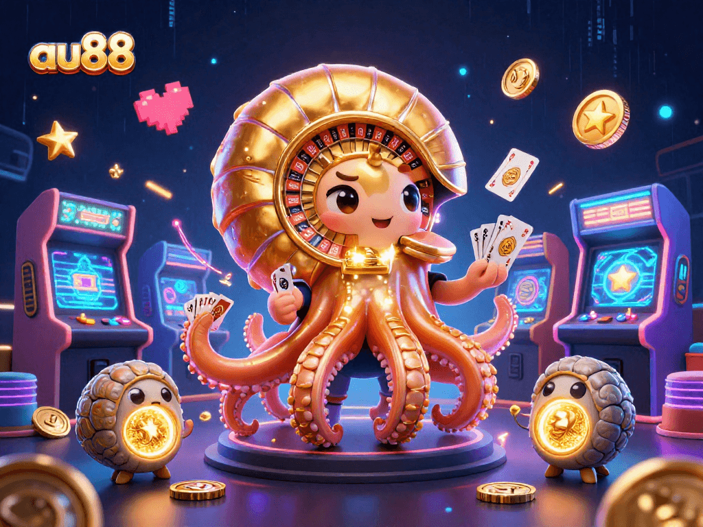 Experience the excitement of au88 with a vibrant 3D casino scene featuring a nautilus roulette wheel and glowing cards.