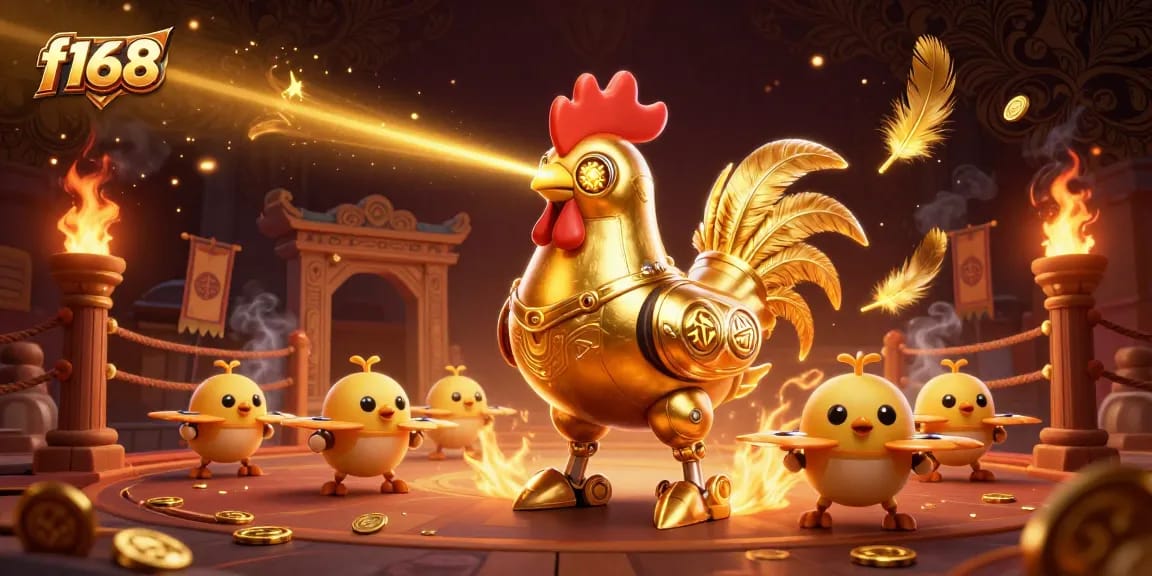 Experience thrilling action at f168 with adorable golden rooster robot and baby chick drones in an immersive gambling arena.