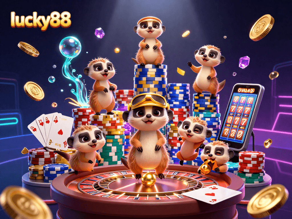 Experience lucky88 with a vibrant casino scene featuring cartoon meerkats and dynamic game elements.
