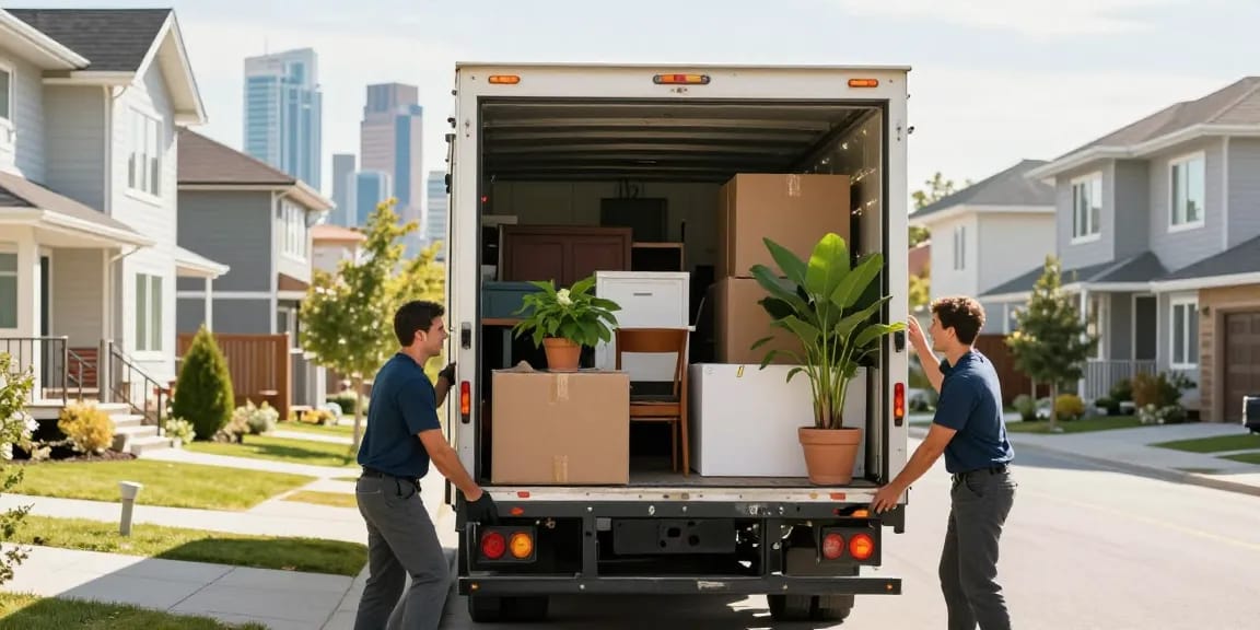 Calgary movers efficiently loading a truck with household goods in a vibrant urban setting.