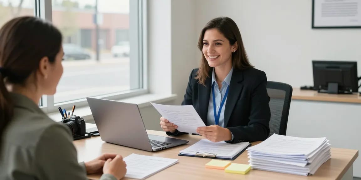 Brampton notary public providing professional notarization services to a client in a welcoming office.