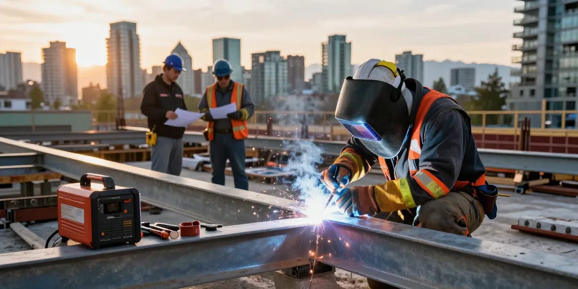 Welding in Vancouver, skilled welder working on structural steel beams at urban construction site.