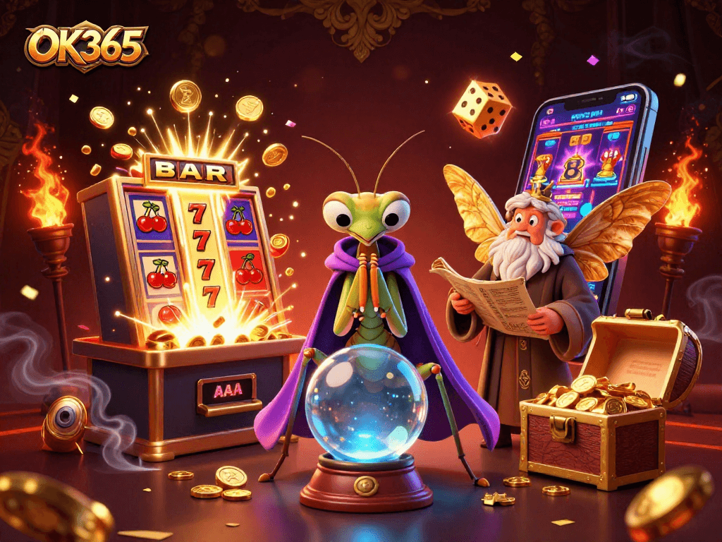 Experience excitement with OK365's fortune teller and vibrant casino elements in a mystical 3D illustration.