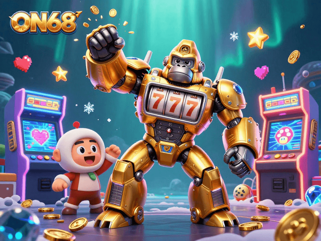 ON68's golden gorilla mech displays thrilling slots action, exploding coins, and colorful gaming elements.