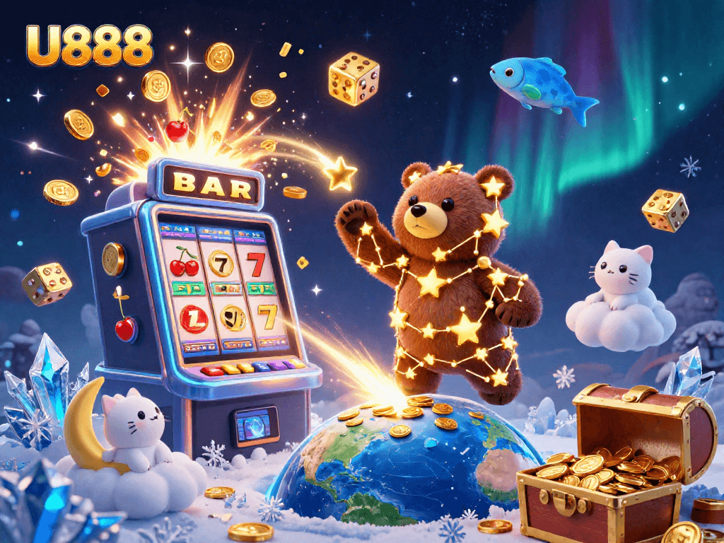 Join the excitement at U888 with a vibrant casino adventure amidst slots, coins, and shooting stars.