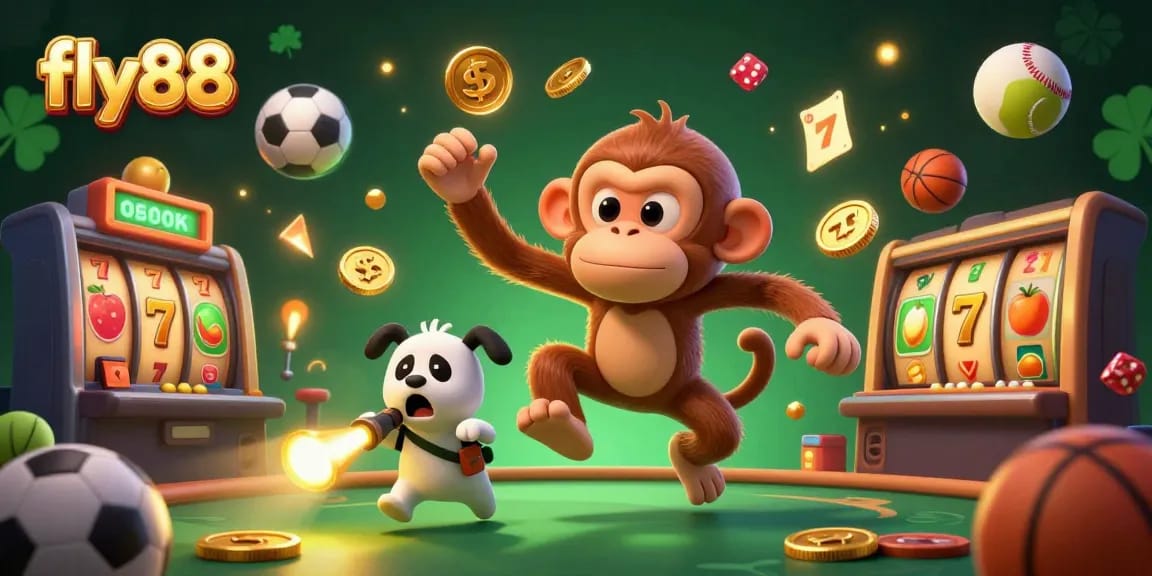 Engage in thrilling casino action with fly88 as golden coins and sports elements swirl around in a vivid illustration.