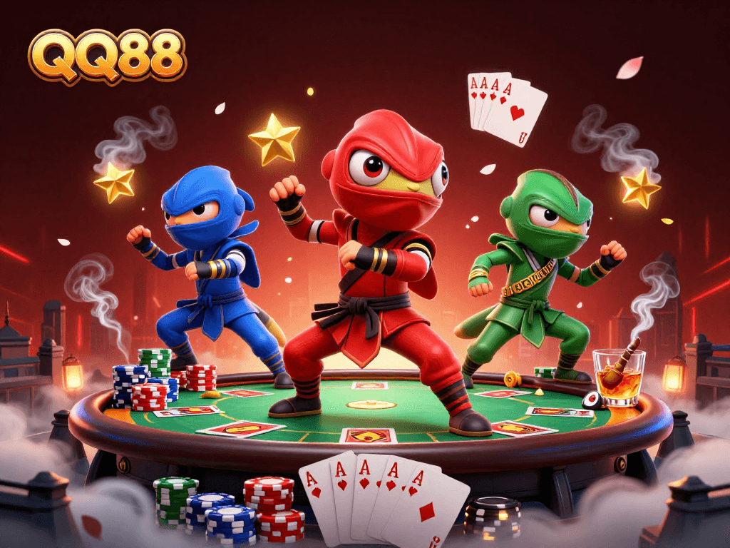 Engage with QQ88's vibrant poker scene featuring cartoon ninjas and dynamic game elements.
