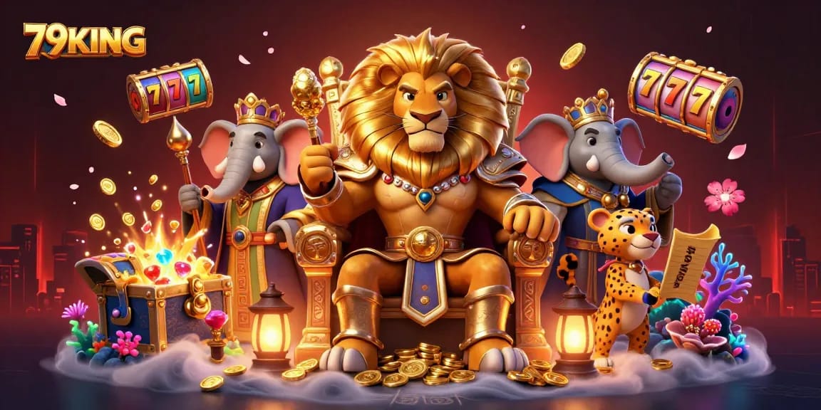 Engage with thrilling moments at 79KING Casino: lion king surrounded by slot symbols and treasures.