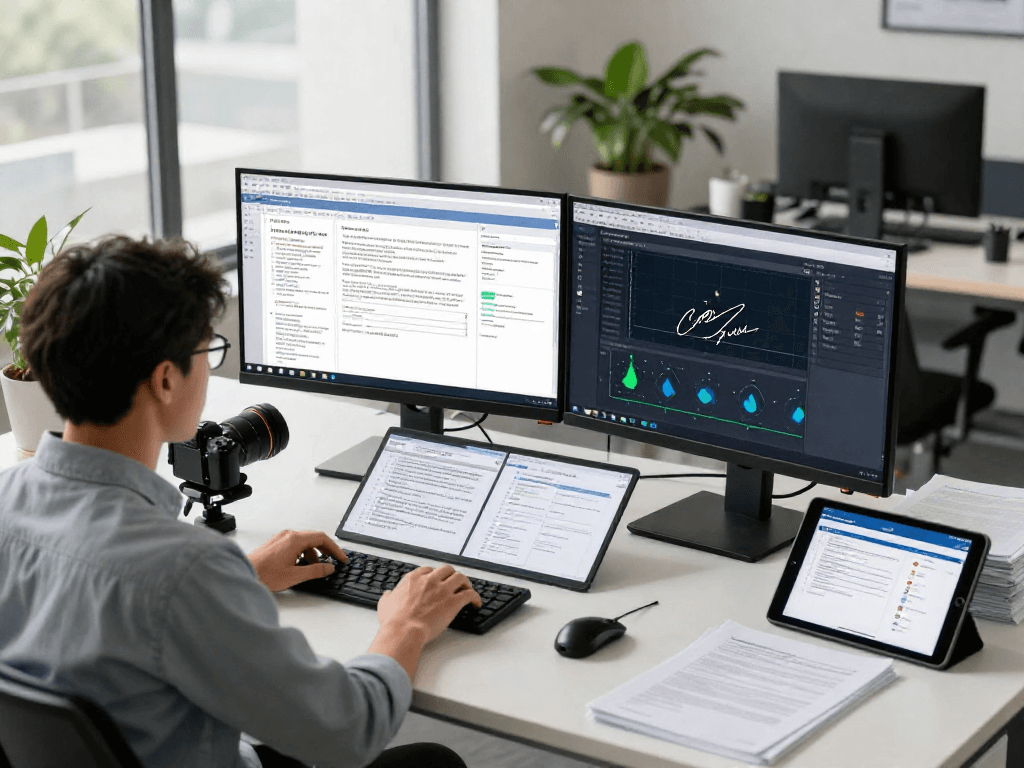 Professional analyzing document fraud detection software in a high-tech workspace with dual monitors.