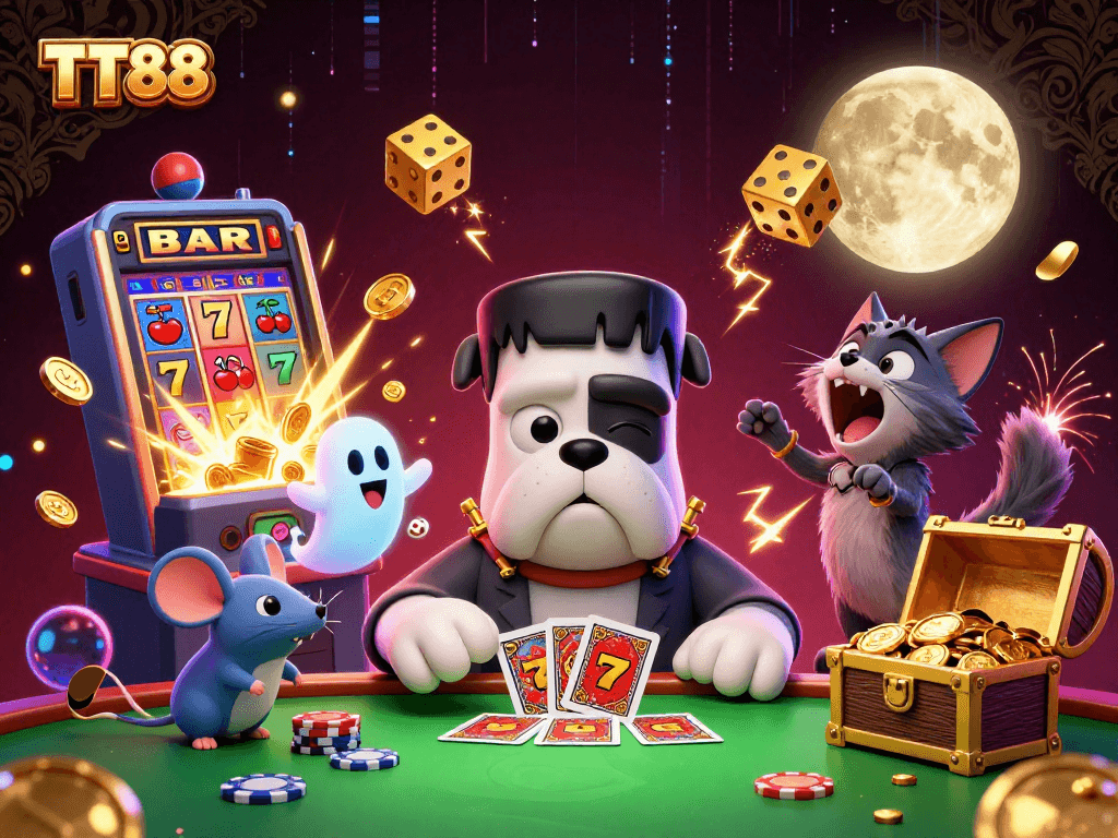 TT88 ignites the excitement with lively characters and exploding casino elements in this vibrant 3D illustration.
