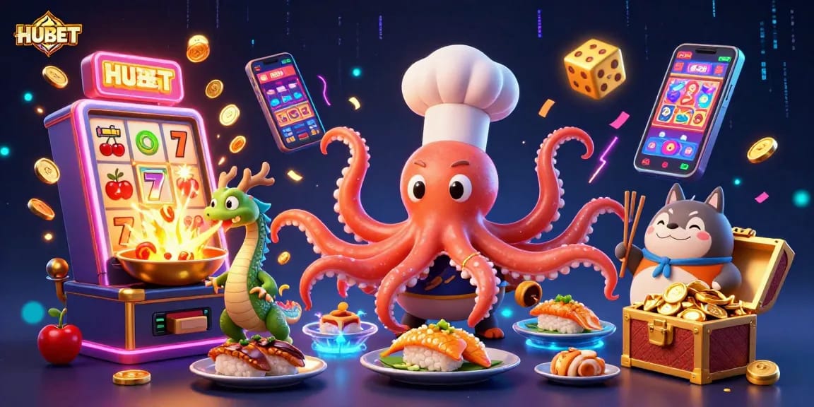 Experience the exciting world of HUBET with colorful slots, a dragon, and engaging game elements.