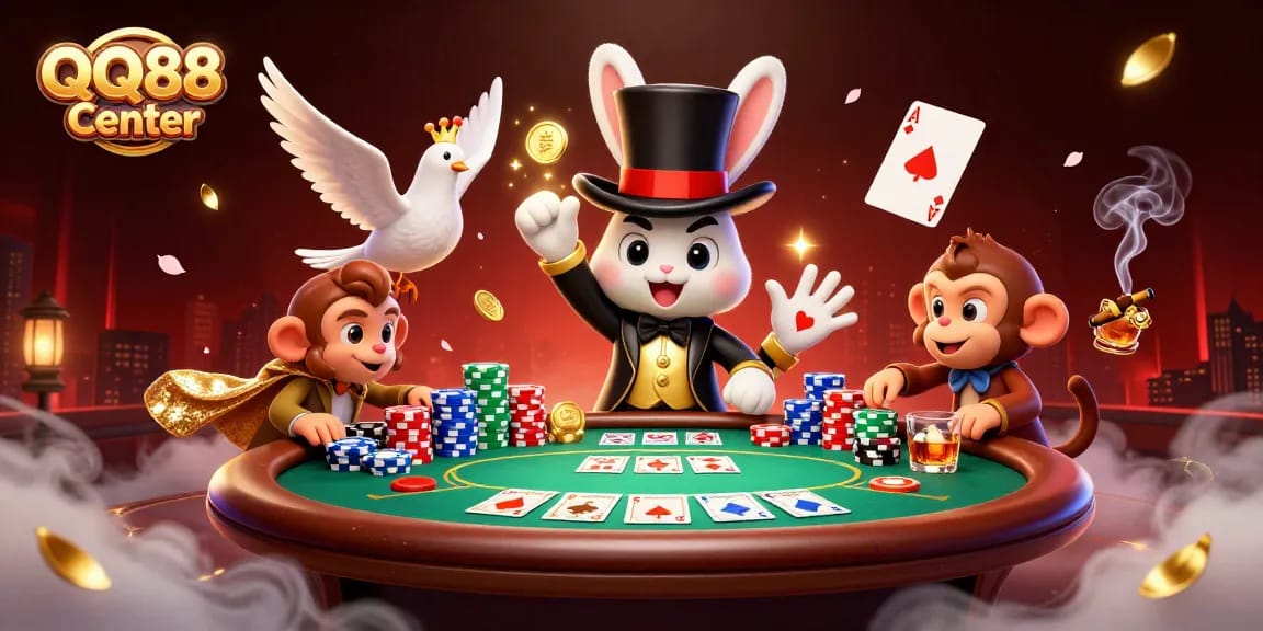 Engage with the magic of QQ88 Center as a rabbit pulls golden coins amidst poker chips and festive symbols.