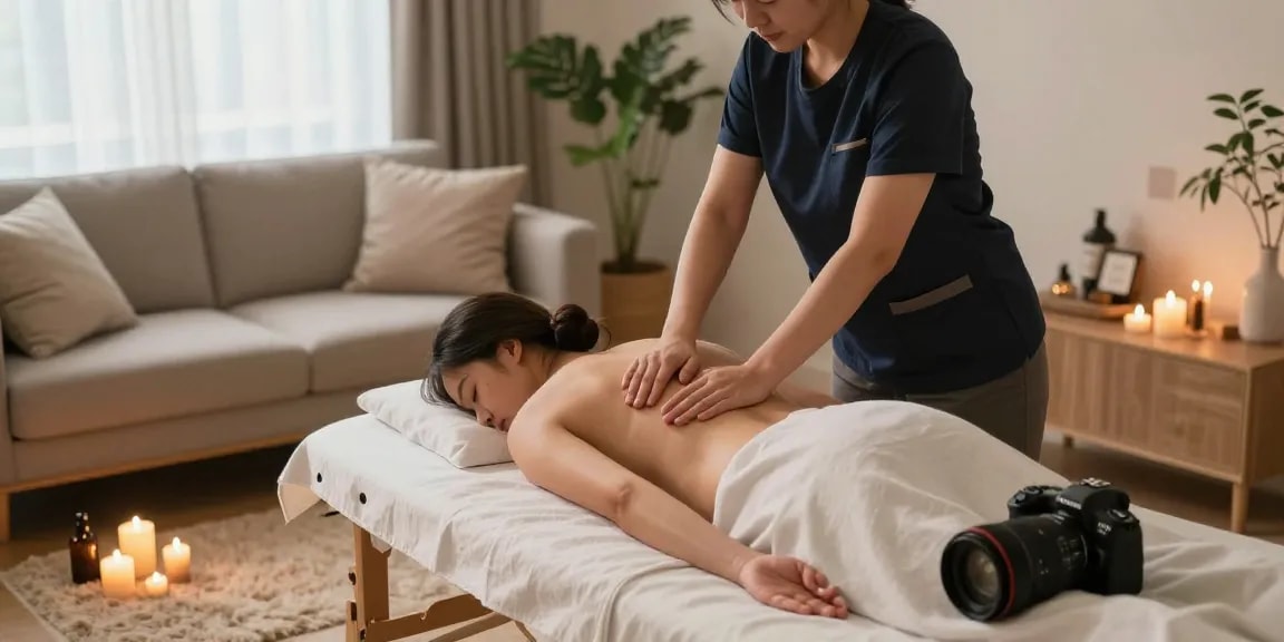 출장마사지 in a tranquil home setting, therapist providing a calming massage for relaxation.