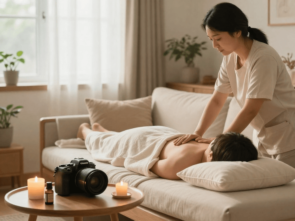 Experience the ultimate 출장안마 in the comfort of your home, showcasing a relaxing atmosphere with calming elements.
