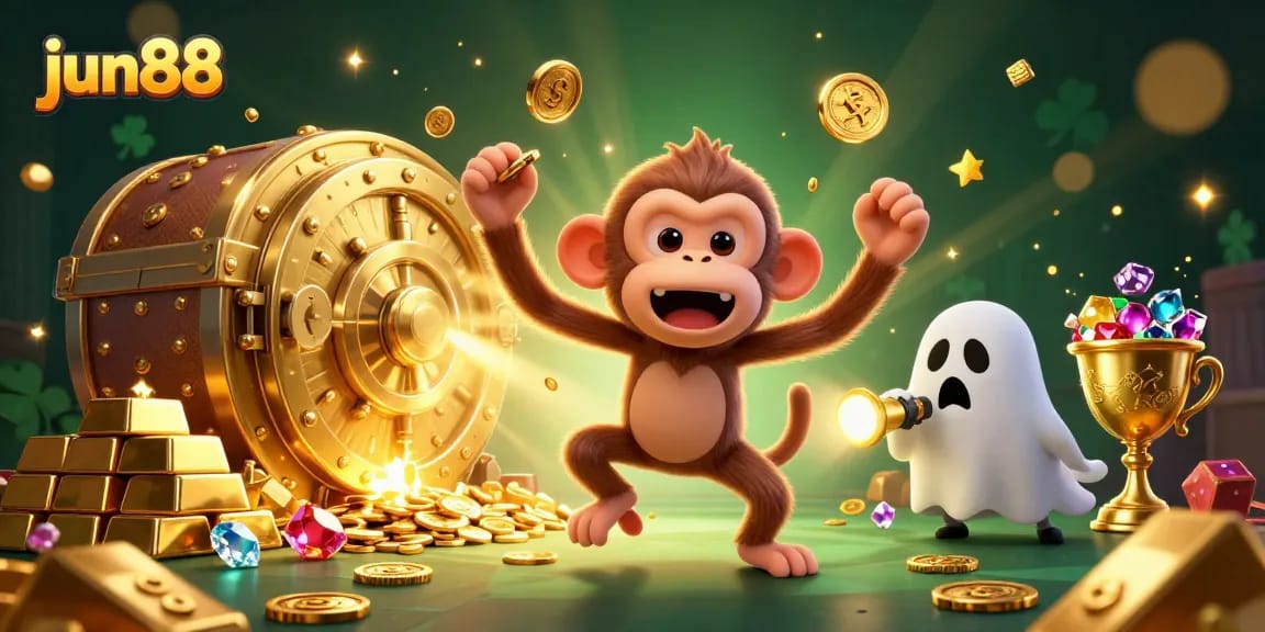 Experience exciting gameplay at jun88 with a thrilling ghost-hunter puppy and mischievous monkey in a vibrant casino scene.