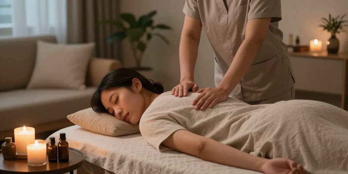 Enjoy a 출장마사지 at home, showcasing relaxation with a professional therapist in a calming environment.