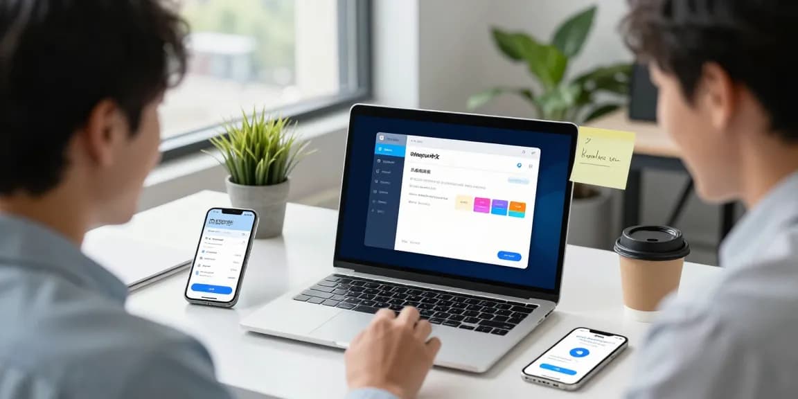 Configuring Telegram中文 settings in a modern tech workspace with laptops and smartphones.