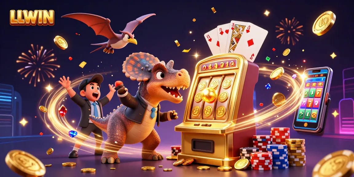 LLWIN showcases a thrilling jackpot scene with dinosaurs and vibrant casino elements, capturing the excitement of gaming.
