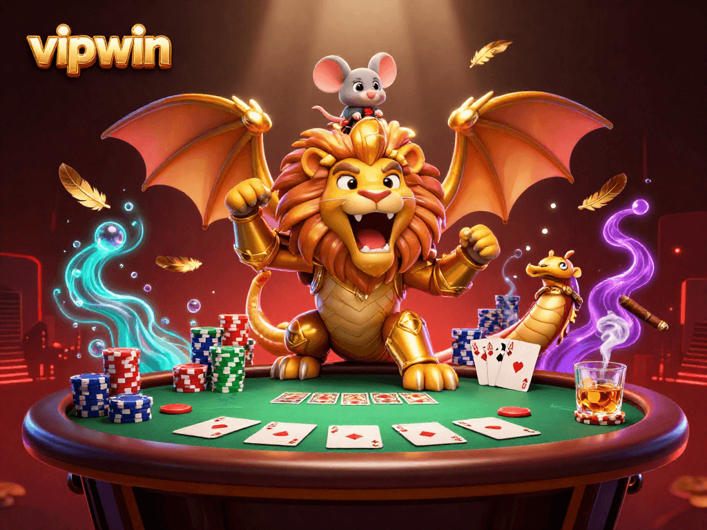 Engage with the vibrant vipwin casino adventure featuring a roaring chimera and poker elements.