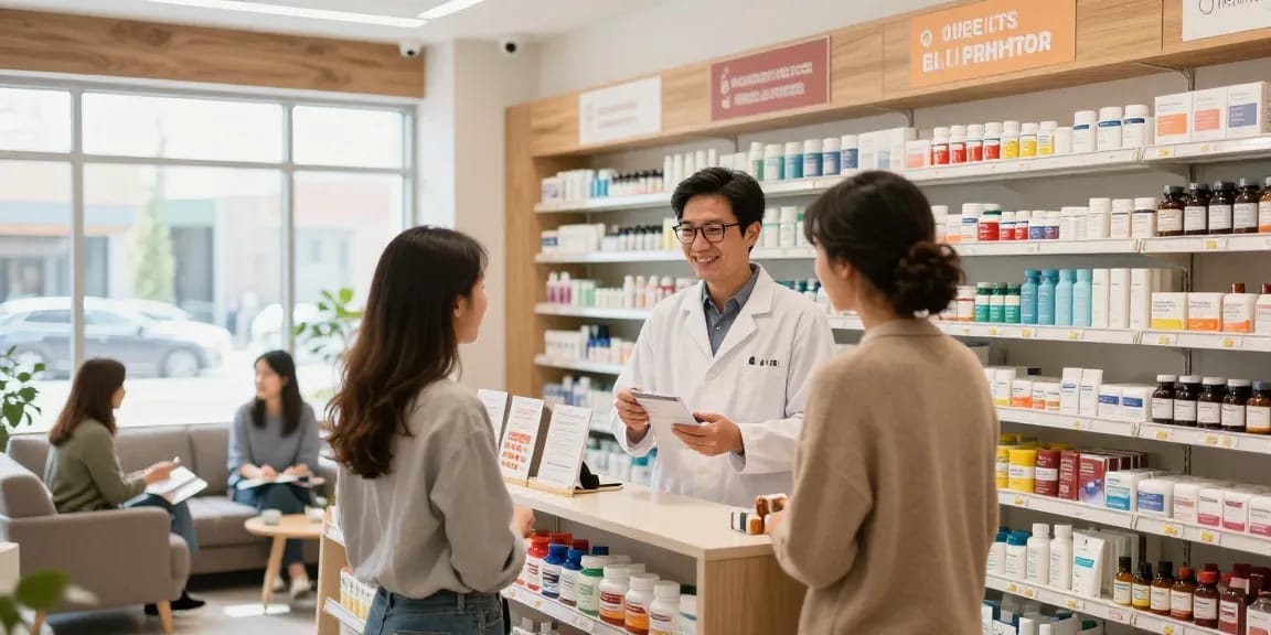 Welcoming parapharmacie Canada scene with pharmacist assisting customer in a bright, modern store.