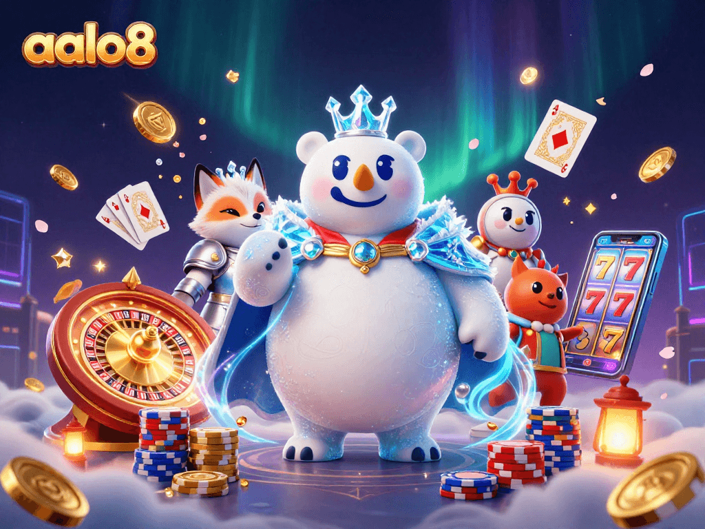 Spin and win with aalo8 in this vibrant 3D casino scene featuring dynamic game elements and captivating characters.