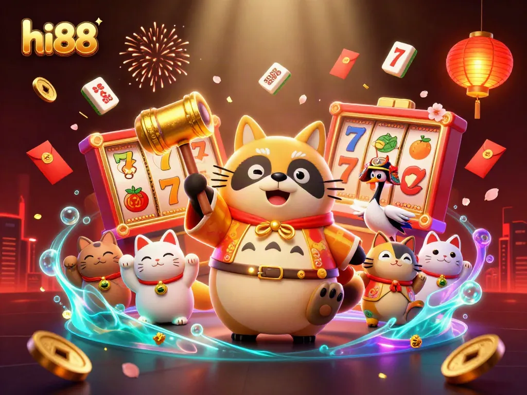 Experience the thrill of hi88 with a festive 3D illustration featuring a tanuki, samurai crane, and waving fortune cats amidst spinning slots.