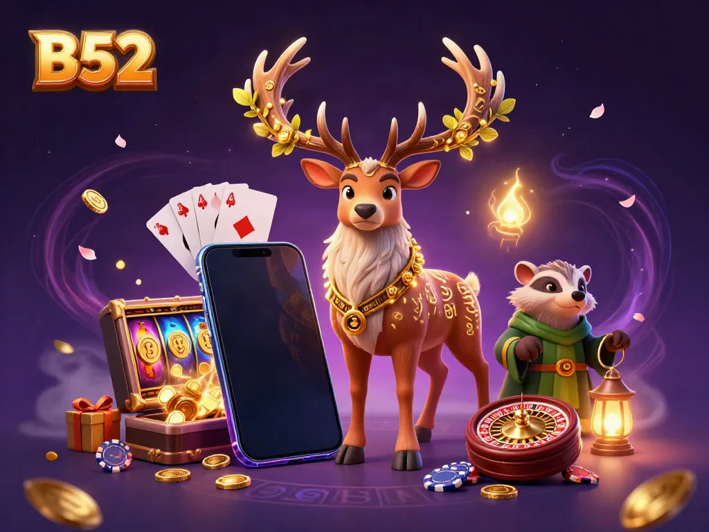 B52-themed 3D casino illustration showcasing Celtic druid stag, wise badger, and vibrant gaming elements.
