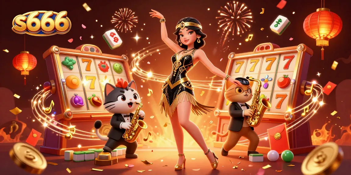 Experience excitement with s666 in this vibrant casino scene featuring a dancing character and gaming elements.