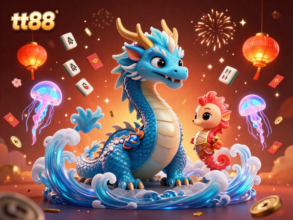 tt88 offers exciting online gaming adventures with stunning 3D illustration of a dragon, seahorse knight, and jellyfish.
