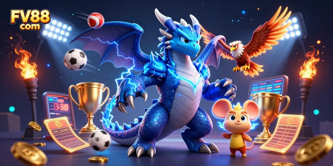 Experience the excitement of betting at FV88 com with dynamic casino-themed 3D illustration.