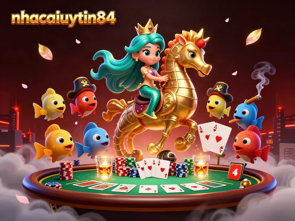 Engage in vibrant gaming experiences with nhacaiuytin84 featuring a cartoon princess, seahorse, and poker elements.