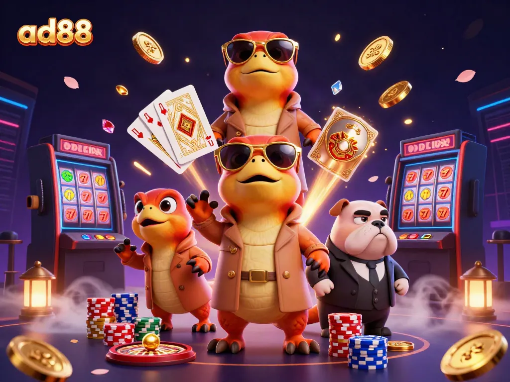 Raptors disguised as a tall person attempt to enter the ad88 casino while gold coins and cards fly around.