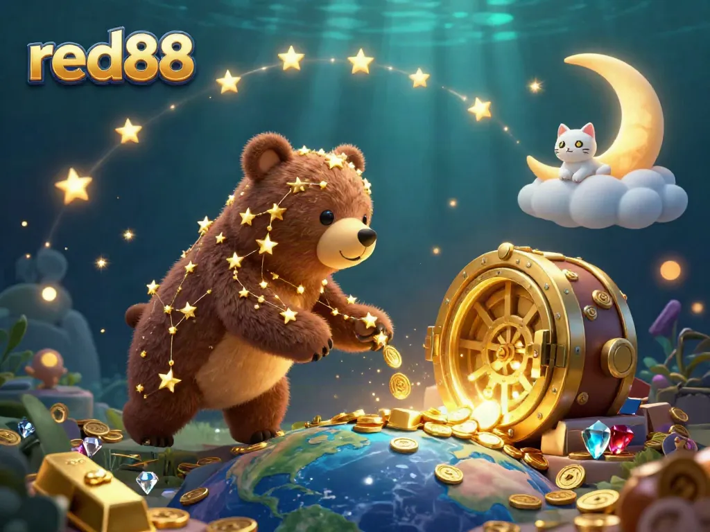 Experience the vibrant excitement of red88 casino with a dazzling treasure scene filled with golden riches and cartoon characters.