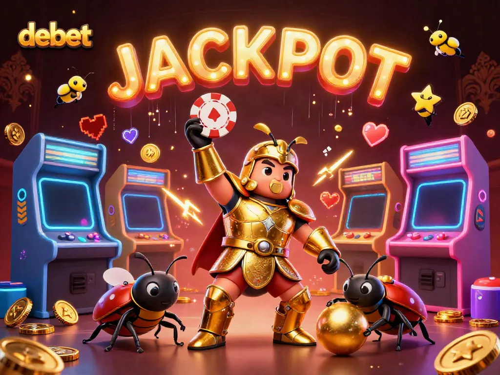 Engage with the exciting casino vibes at Debet featuring cartoon beetles celebrating a jackpot win.