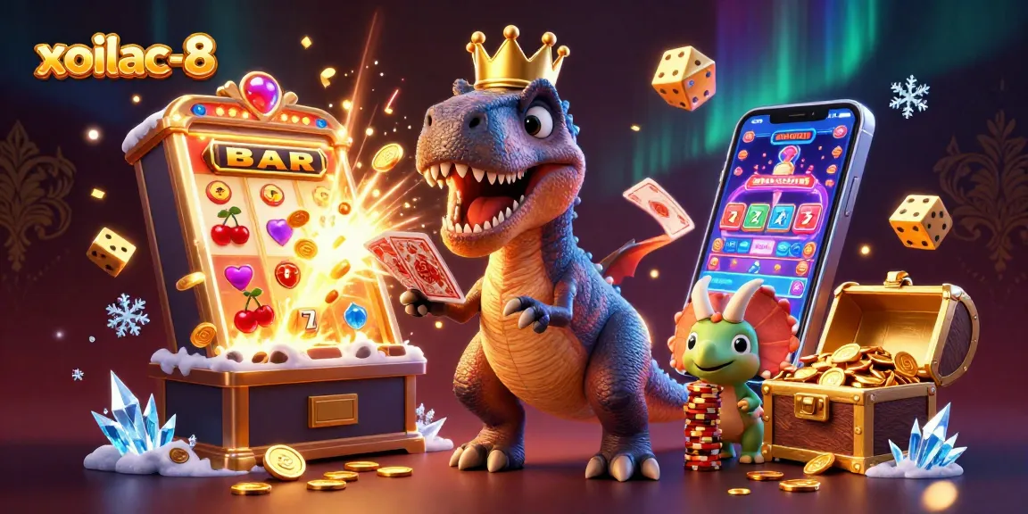 Xoilac-8 showcases a T-Rex shuffling cards with a pterodactyl and triceratops amidst a casino explosion.