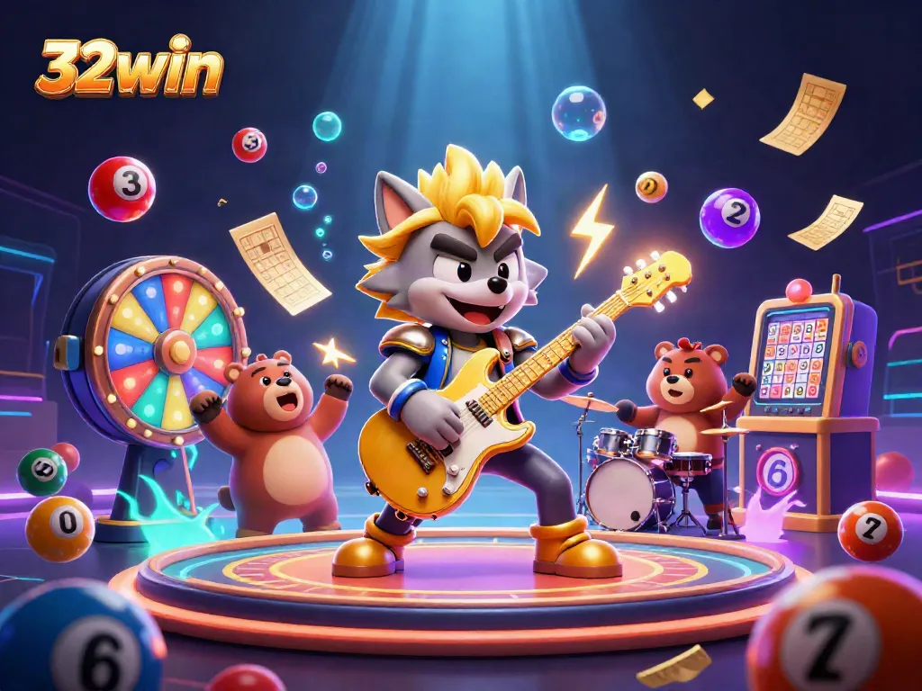 Experience the excitement of 32win with vibrant cartoon characters and dynamic casino elements in a thrilling scene.