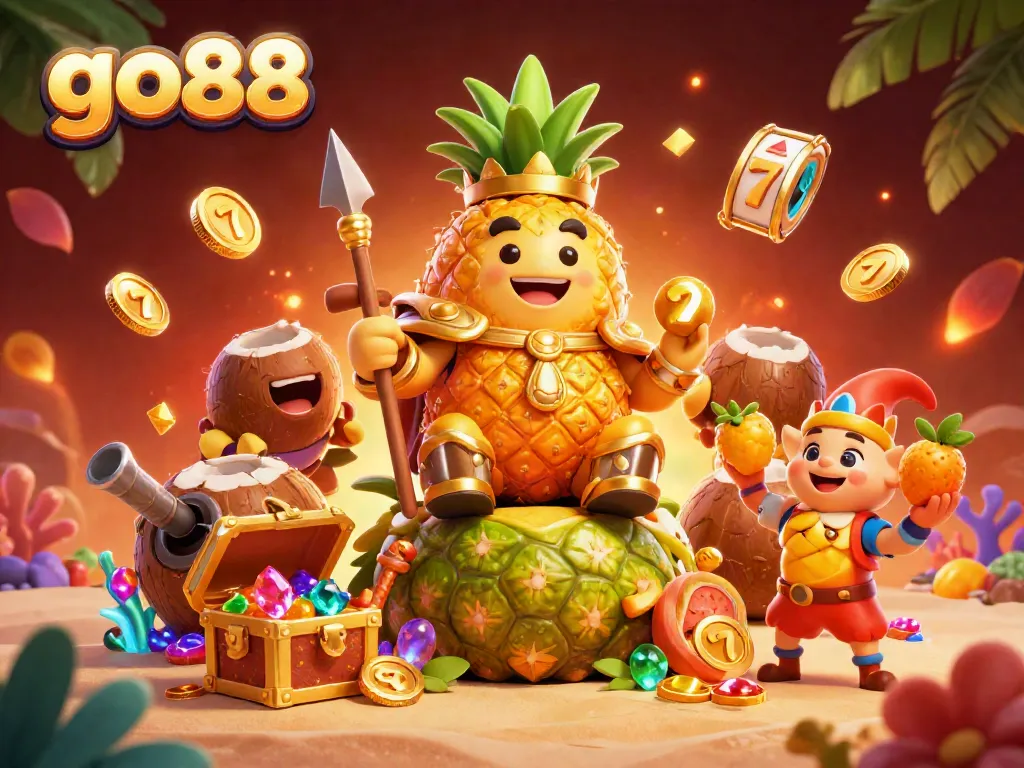 Experience the exciting world of go88 with the golden pineapple king and whimsical elements in vibrant 3D style.