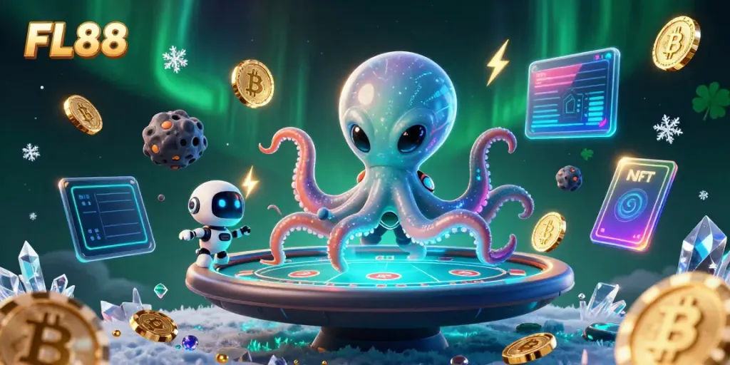 Engage with fl88's lively alien poker game, showcasing vibrant cosmic elements.