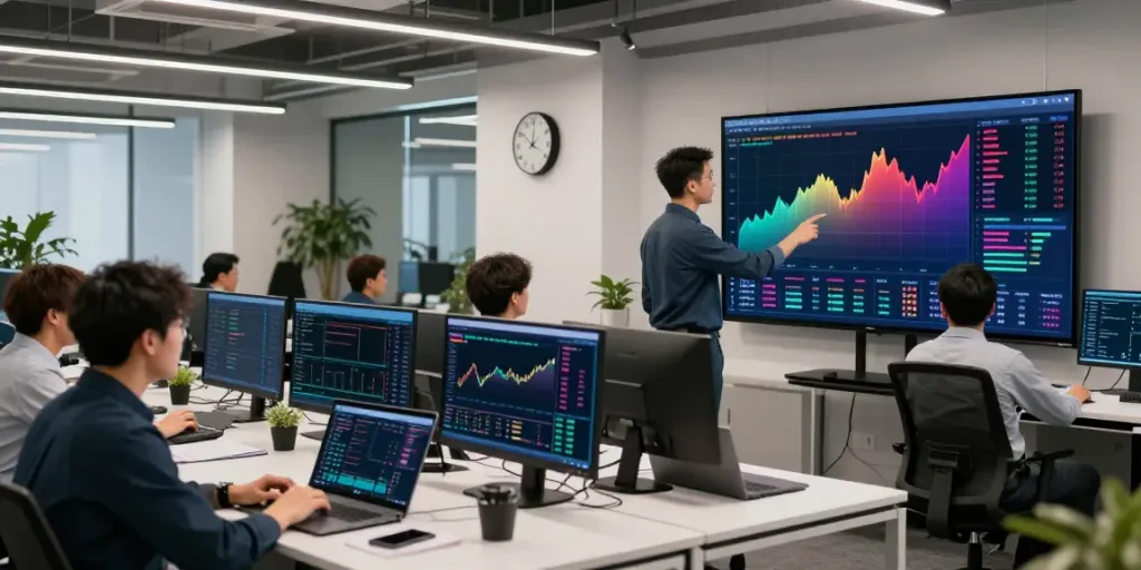 Traders engaged in high-tech collaboration using slate capivex for market analysis and strategy development.