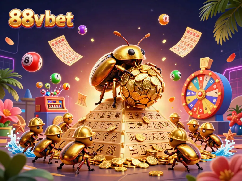 Engaging scene depicting 88v bet with golden beetles and vibrant gaming elements.