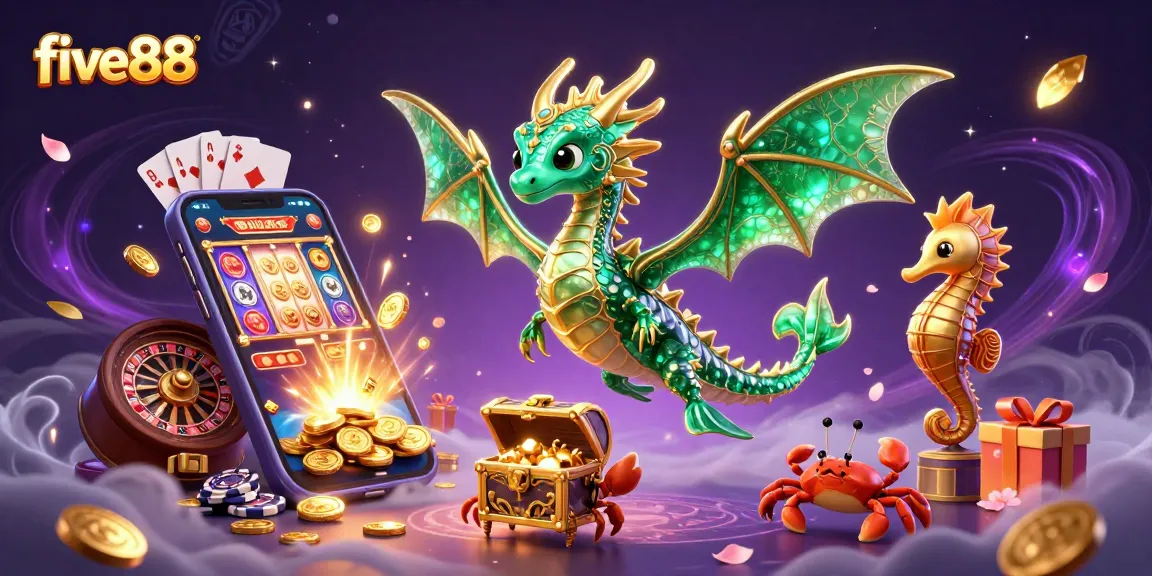 Experience five88's vibrant gaming scene with a majestic sea dragon and exciting casino elements.