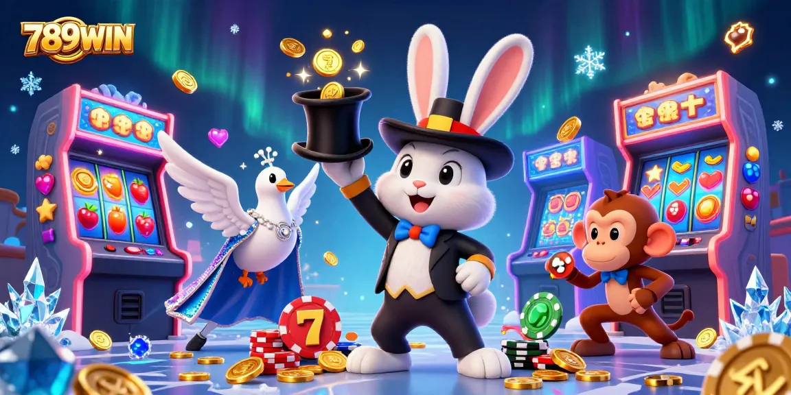 Engage with thrilling slots and casino games at 789WIN through an enchanting illustration of a magician rabbit.