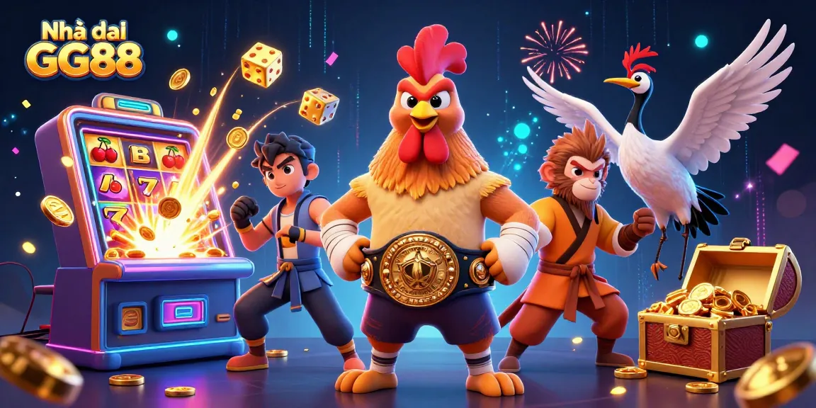 Engage with the excitement of Nhà cái GG88, featuring dynamic casino activities surrounded by vibrant gaming elements and characters.