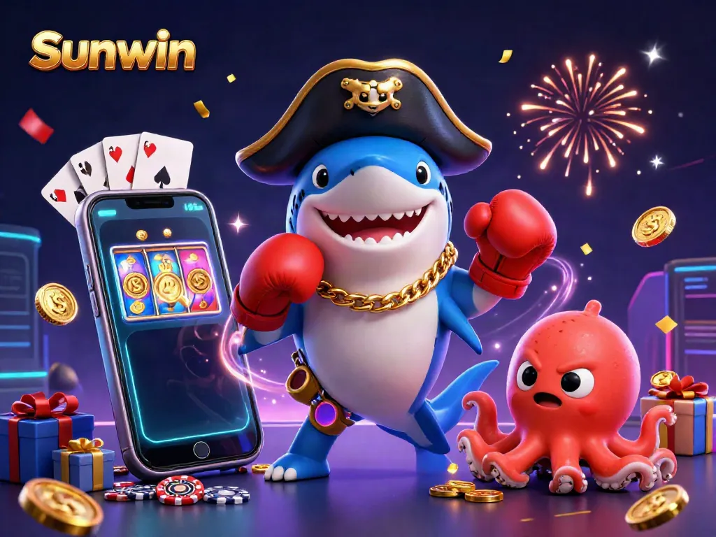 Experience the excitement of Sunwin with vibrant characters celebrating with casino games and gold coins.