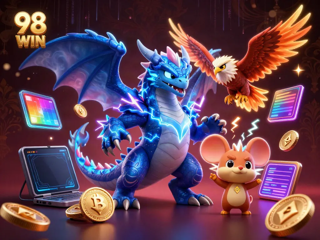 Players experience the thrill of 98 WIN with electrifying casino elements and vibrant characters.