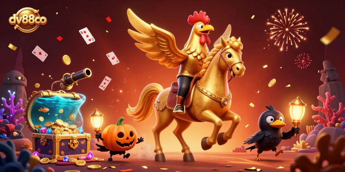 Experience thrilling gaming with dv88co's vibrant casino illustration featuring a golden rooster and dynamic game elements.